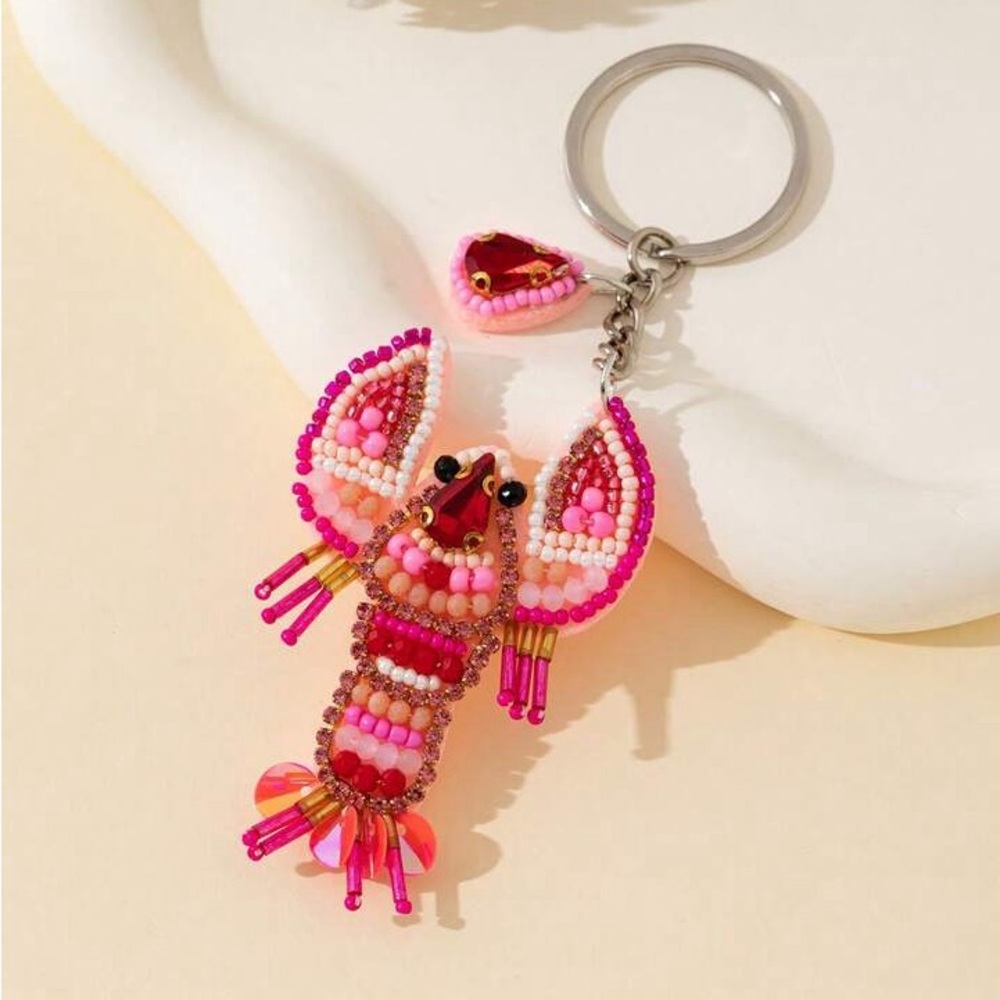 Handmade Beaded Pink Lobster Keychain